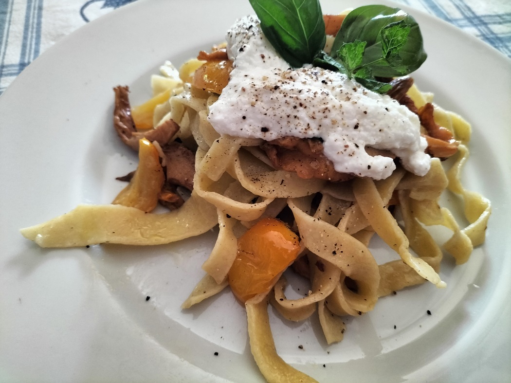 Fettuccine con funghi galletti, datterini gialli e ricotta di pecora 