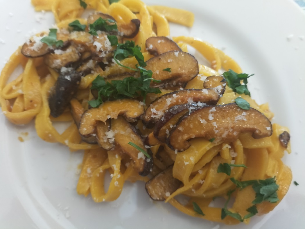 Fettuccine con zafferano, funghi di quercia e provolone del monaco